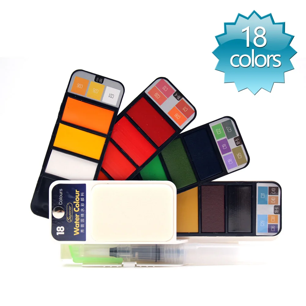 Standard 18 colors Превосходный Набор цветных красок с кистью для воды, складная ручка для путешествий, водный цвет, пигмент, Прямая поставка - Цвет: Standard 18 colors