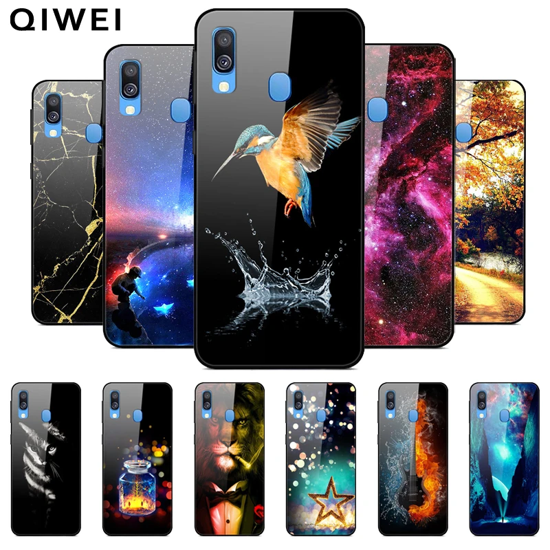 

For Samsung Galaxy A40 Case Print Silicon Bumper Hard PC Glass Back Cover For Samsung A40 Case Coque A 40 2019 Glass Phone Cases