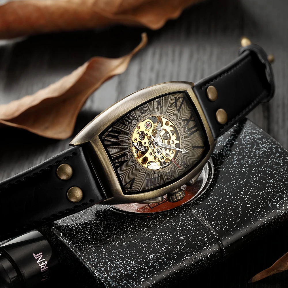 Shenhua, винтажные автоматические часы, мужские механические наручные часы, мужские Модные Ретро бронзовые часы со скелетом, часы для мужчин