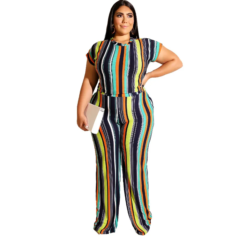 

4XL 5XL Plus Size Tracksuit Two Piece Outfits Women Short Sleeve Top And Long Pants Fashion Stripe Print Women Set Sportwear