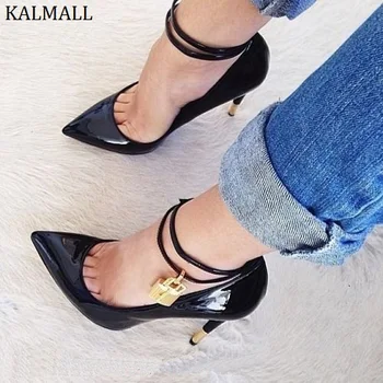 

KALMALL Nude Gold Patent Leather High Heels Women Shoes Metal Padlock Women Wedding Shoes Pointed Toe Buckle Strap Women Pumps