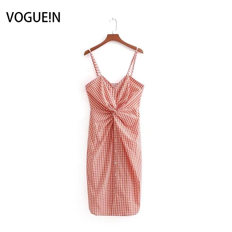 

VOGUEIN New Womens Spaghetti Straps Red Plaid Check Print Sleeveless Dress Wholesale