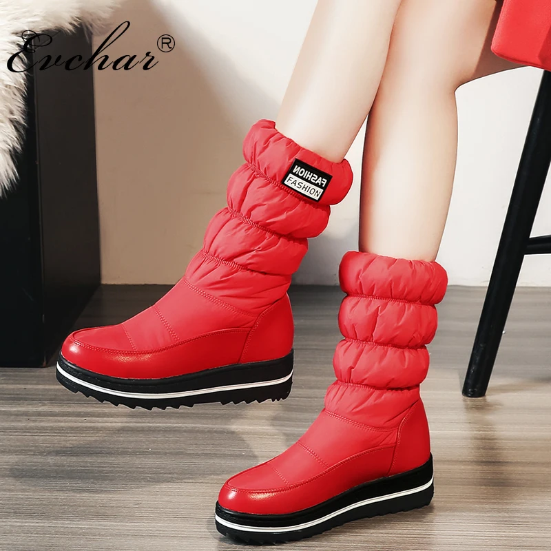 

EVCHAR new women keep warm snow boots mid-calf slip-on down cloth med heels elastic boots Waterproof platform big size 35-44