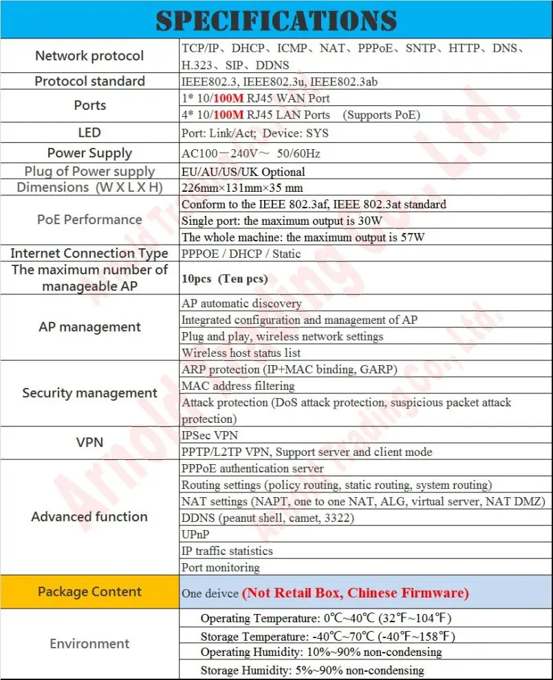 WiFi контроллер, беспроводной контроллер доступа, 5 PoE шлюз портов маршрутизатор, 100 Мбит/с проводной SOHO широкополосное подключение, vpn-подключение маршрутизатор, 57 Вт POE коммутатор