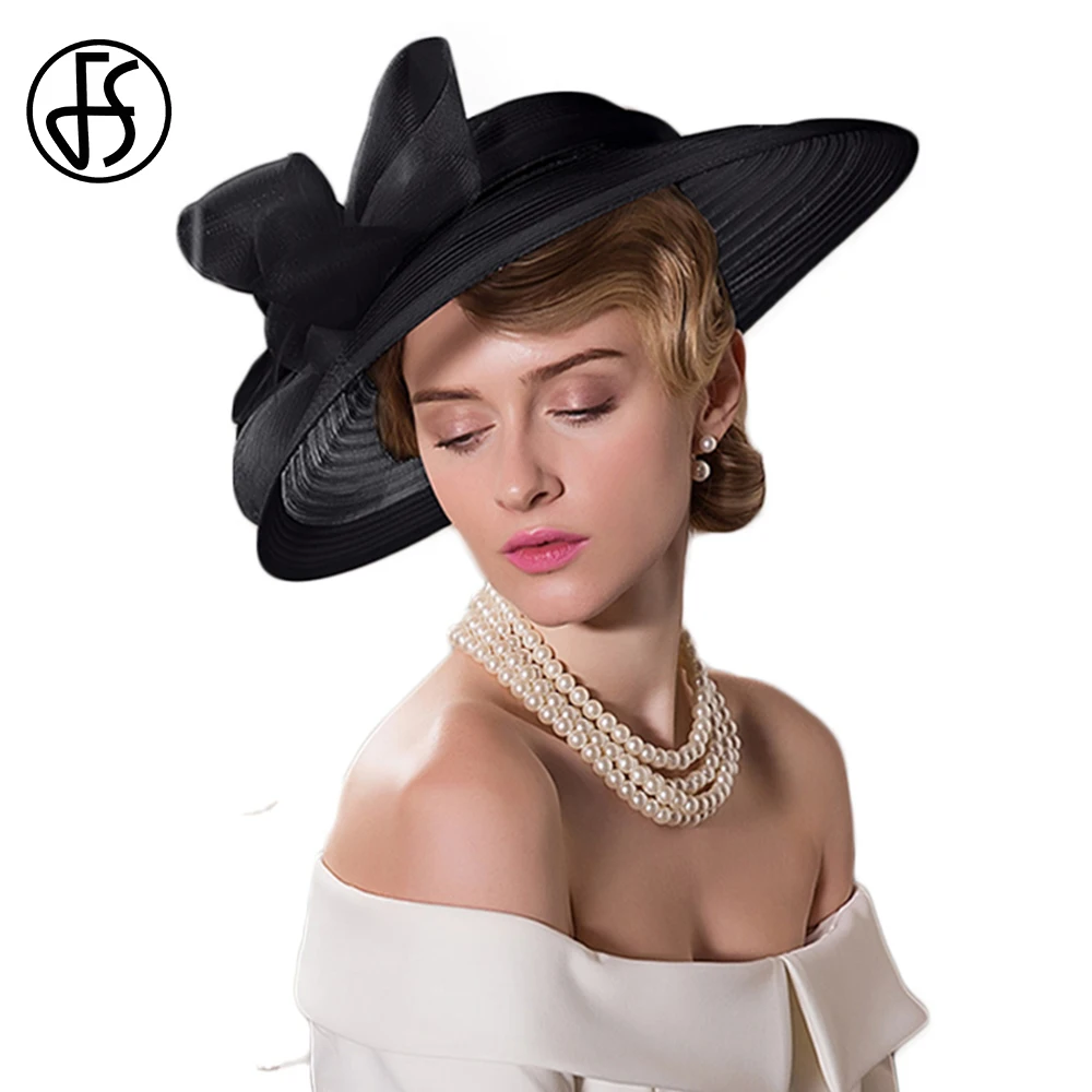 

FS Fascinators Vintage Wide Brim Fedoras Hats For Women Elegant Lady Black White Bow Kentucky Derby Church Tea Party Hat Chapeu