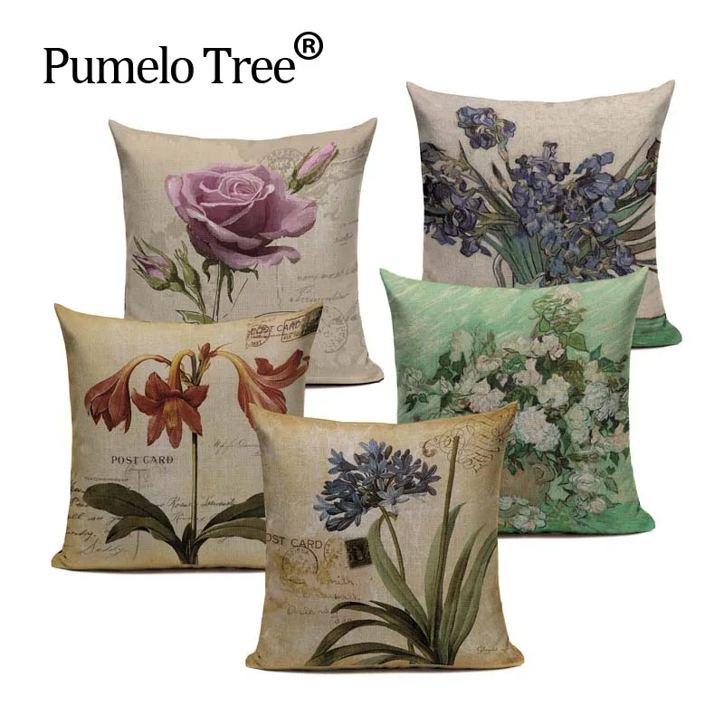 

Vintage Flowers Cotton Linen Cushion Cover Decorative Pillowcase Chair Seat and Waist Square 45x45cm Pillow Cover Home Living