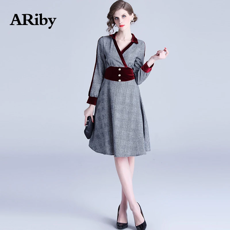 Women Dress Elegant Dress 2019 Spring Summer New French Minority Vintage High End Velvet Plaid Spliced Long Sleeve Slim Dress