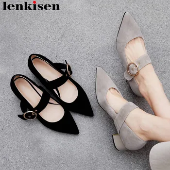

Lenkisen superstars concise buckle strap genuine leather chunky heels streetwear Spring women pumps sexy pointed toe shoes L73
