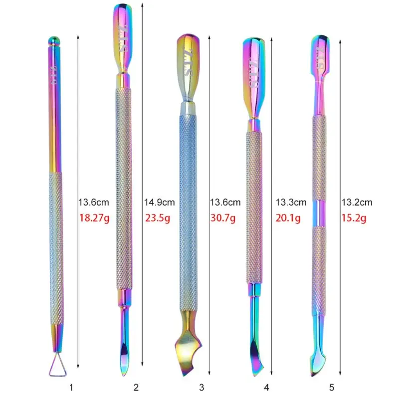 5 стилей, двойной Радужный Толкатель для кутикулы, металлический УФ-гель для дизайна ногтей, удалитель, Овощечистка, скребок, профессиональный маникюр, педикюр, инструмент для ухода