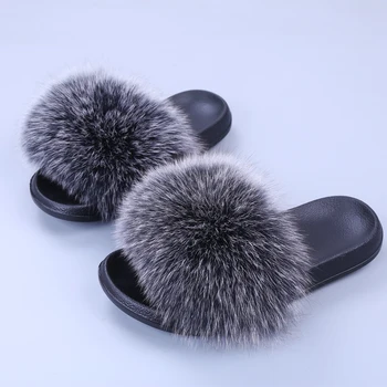 

2020 Genuine Real Fox Fur Raccoon Fur Indoor Outdoor Slippers Sliders Women Fashion Spring Summer Autumn Flat Heel