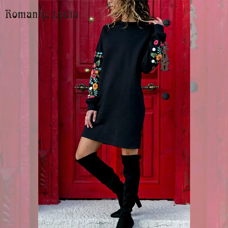 

2018 Winter Warm Dresses Women Dress Elegant Floral Print Long Sleeve O Neck Loose Dress Vestido