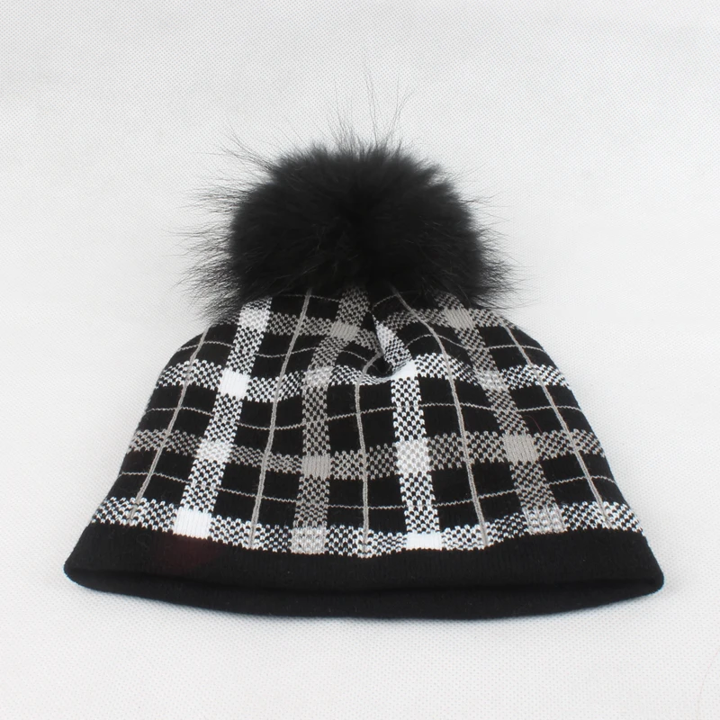 Женская зимняя шапка, клетчатая вязаная шапка, настоящая норковая шапка с меховым помпоном для девушек, хлопковая Лыжная Шапочка