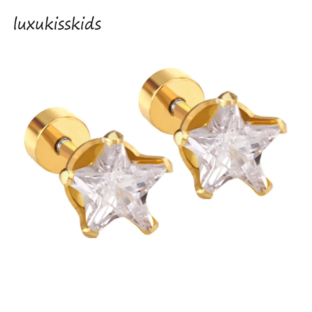 LUXUKISSKIDS Stainless Steel Gold Color Earrings Simple Style Star