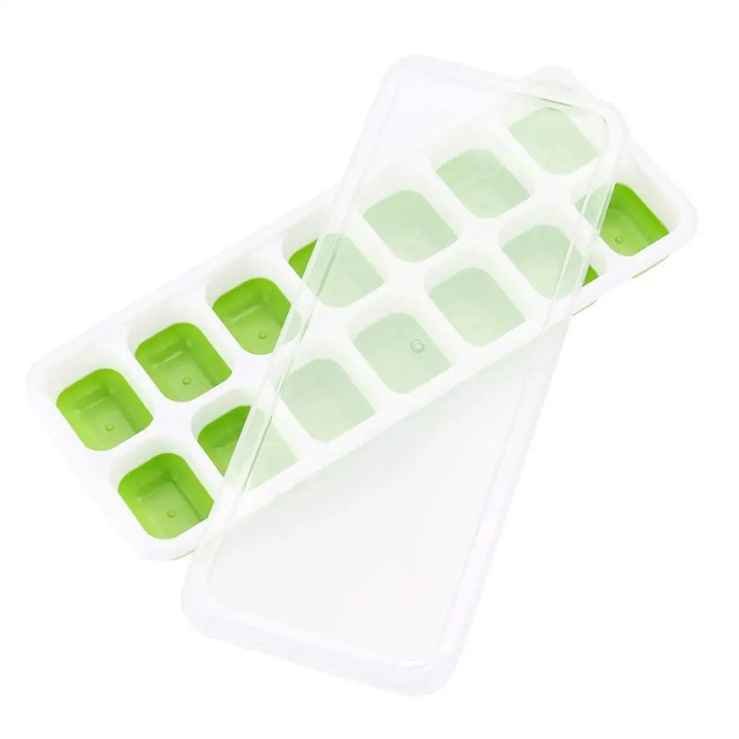 

14Cavity Silicone Ice Mould Cube Food Drink Jelly Freezer Storage Tray Container with Cover/Lid Easy Pop Out Ice Box Mould Green