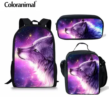 

Coloranimal Purple Wolf Boy Man Large Backpack Children School Bags Cool Animal Wolf Print Student 3Pcs Set Back Pack Schoolbags