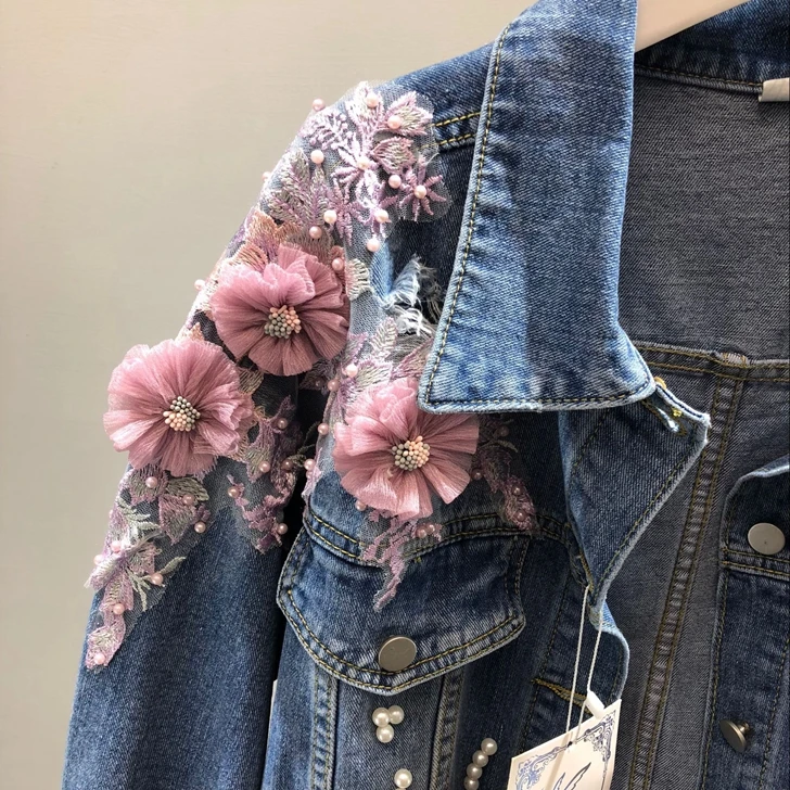 2018 Spring Autumn Jeans Jacket Coat Woman New Heavy Stereo Pink Flower Embroidered Hole Denim Jackets Student Basic Coats