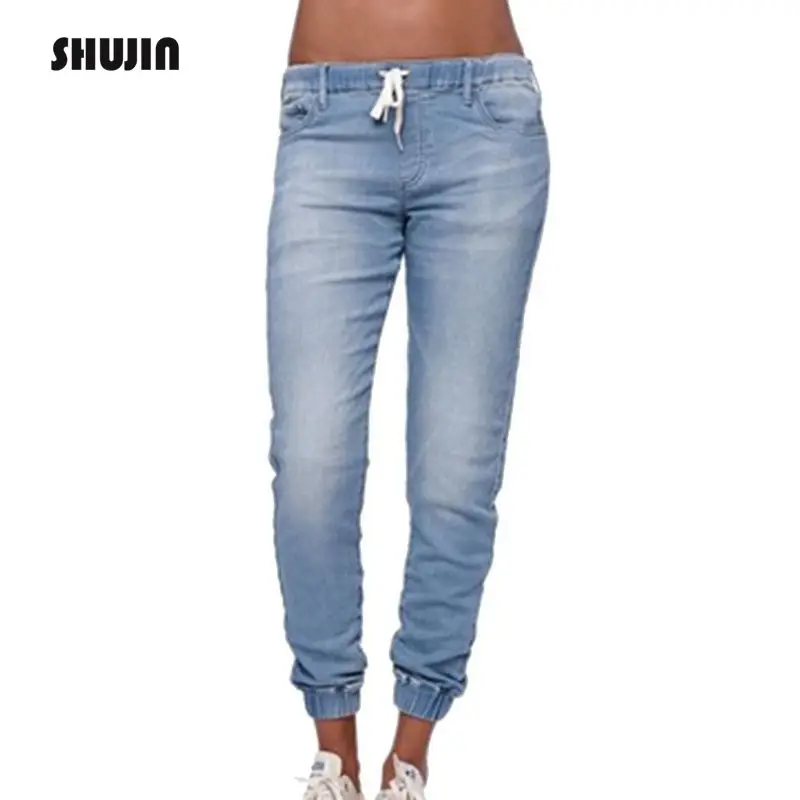SHUJIN 2019 Women Elastic Pencil Pants Vintage High Waist Mom Jeans Female Casual Slim Fit Black Denim Jeans Plus Size Trousers