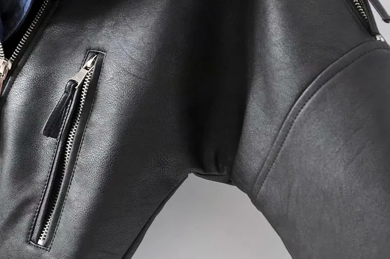 Корейский длинный рукав ветрозащитная черная PU Женская куртка осенний костюм воротник джинсовый прошитый подол пальто кожаная женская куртка
