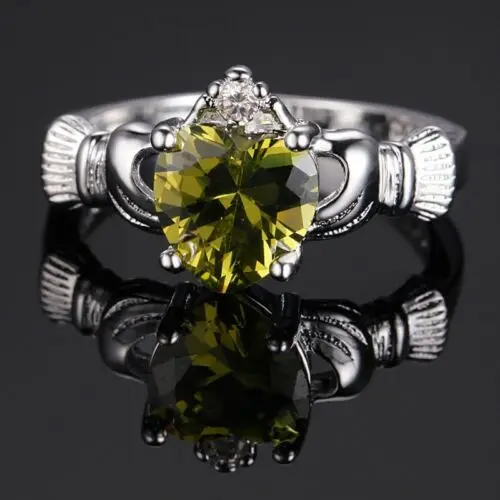 Креативный Кристальный, сердце, кольцо, Белый огненный опал, 925 серебро, Ирландское кольцо Claddagh, обручальное кольцо, Sz 6-9, подарок для женщин, ювелирное изделие - Цвет основного камня: Цвет: желтый