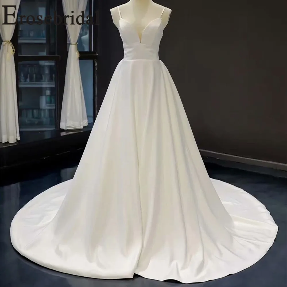 

Erosebridal New Arrival White Satin Evening Dress 2019 Spaghetti Strap Evening Gown Sleeveless Formal Party Women Gown Dress