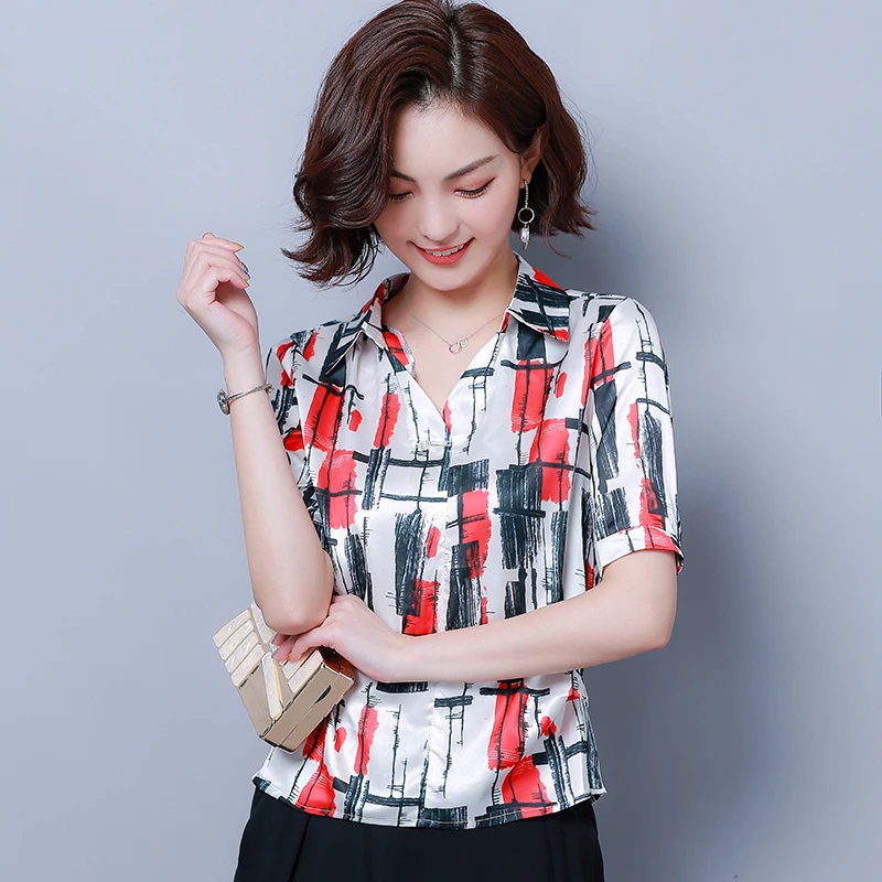 Korean Fashion Silk Women Blouses Satin Striped Turn-down Collar Red Women Shirts Plus Size XXXL/4XL Womens Tops and Blouses - 33049113246