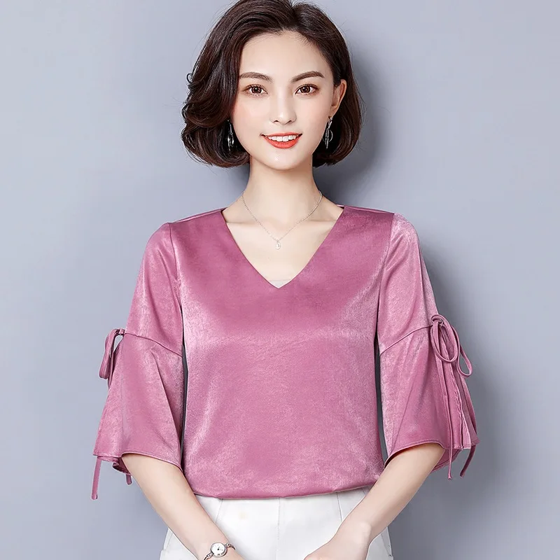 Summer New Women Elegant Silk Satin Tops V Neck Strap Lace Up Flare