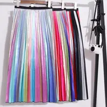 Модная плиссированная Радужная юбка с высокой талией, весенне-летние юбки для женщин, эластичная трапециевидная юбка средней длины до середины икры, длинные юбки