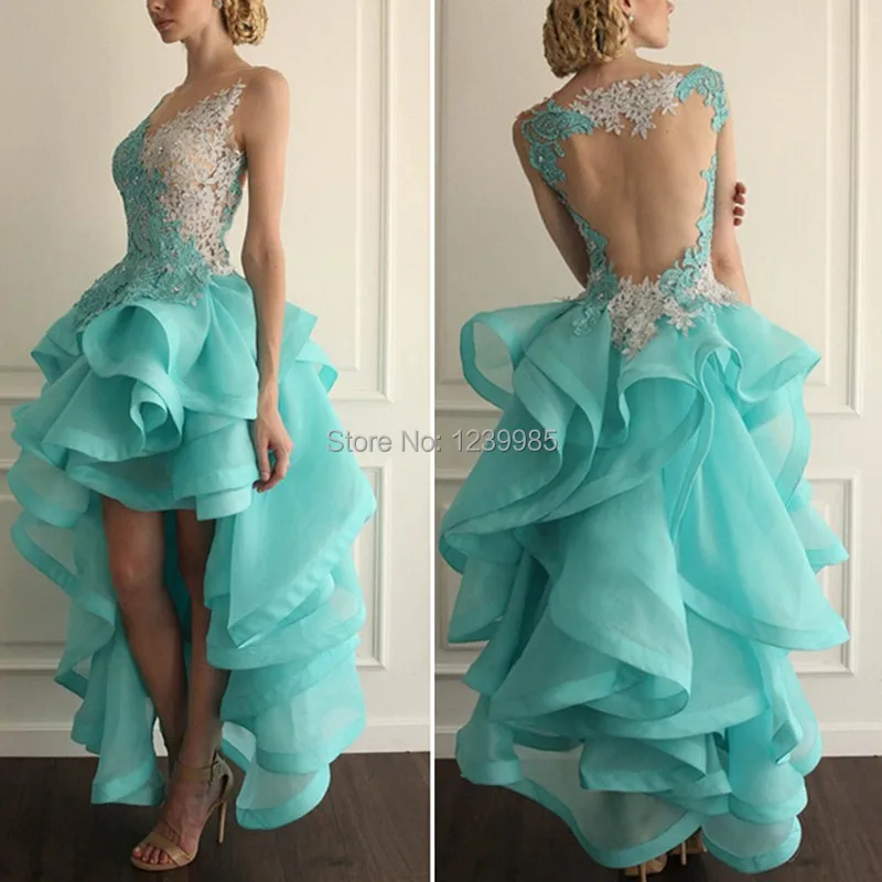 

New Sexy Scoop Lace Applique Pleated tutu Prom Dress Ball gown Short High Low Prom Dress 2018 Short Front Long Back hot RP001