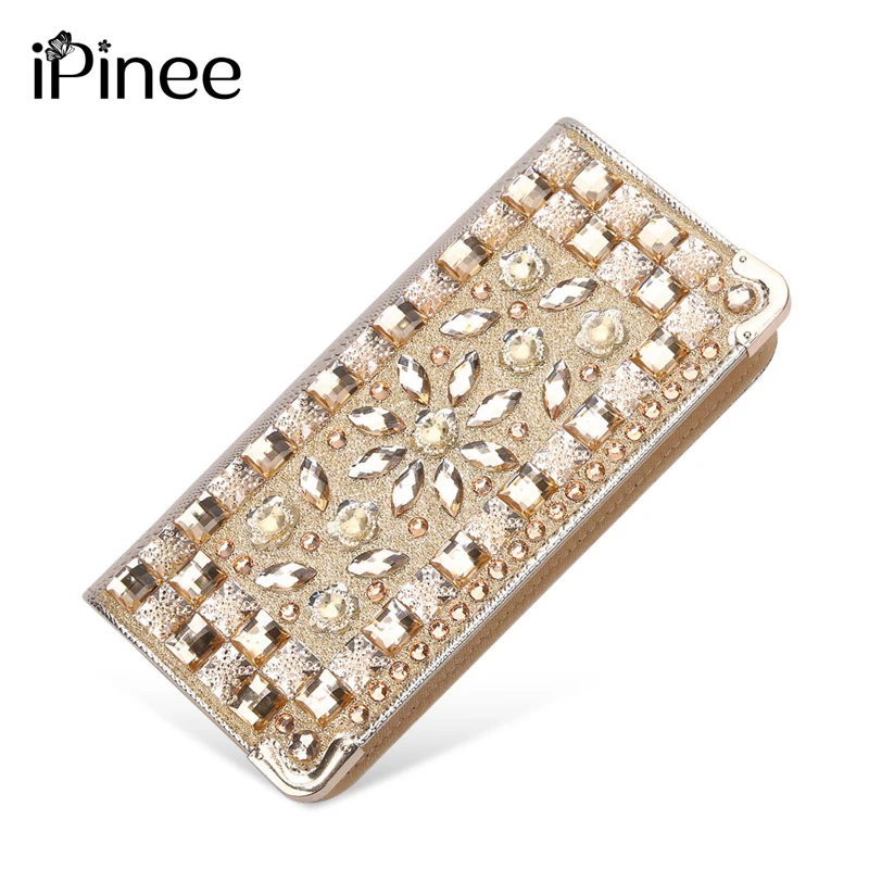 New Fashion PU Leather Clutch Bags Long Gold Diamante Women Wallet Money Clips Female Big Purse