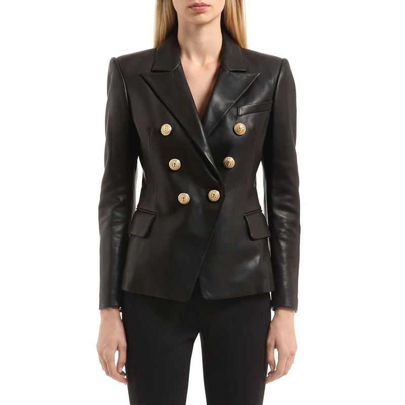 Autumn Winter Women Faux Soft lion head metal buckle double-breasted slim Leather Jackets Pu Black Blazer Zippers Coat  (3)