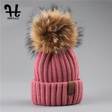 FURTALK Real Unisex Kids Ages 4-12 Raccoon Fur Ball Winter Hat Knitted Pom Pom Cap kids Beanie Hat