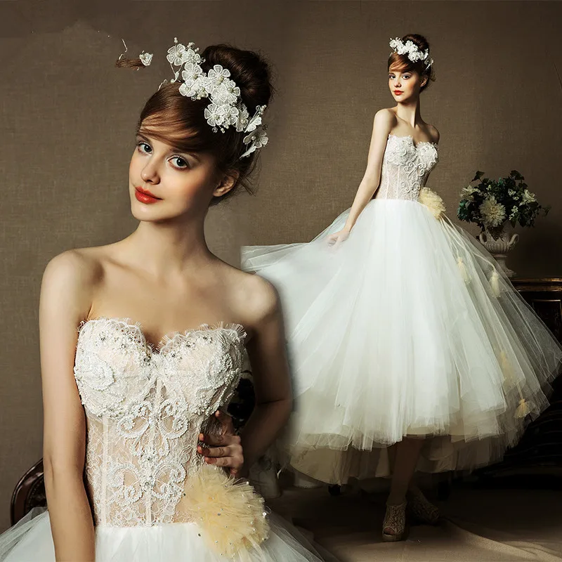 Omyw0212 Strapless Sweetheart Neckline Top Lace See Through Beaded Omyw0212 Strapless Sweetheart Neckline Top Lace See Through Beaded Ball Gown Vestido De Noiva Tea Length Wedding Dress Patterns In Dresses From