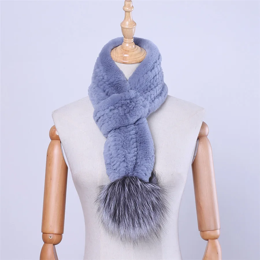 Женский натуральный шарф из меха кролика Рекс, вязаные меховые шарфы для девочек, натуральный мех, шарф для шеи, теплый мех серебристой лисы, помпоны, шейный платок - Цвет: Blue