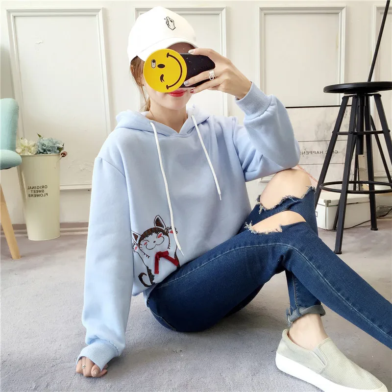 Толстовки Женские Уши кролик вышивка конфеты цвет Ulzzang свободные милые студенческие женщины s уплотненный с капюшоном кавайные толстовки шик - Цвет: 946 blue