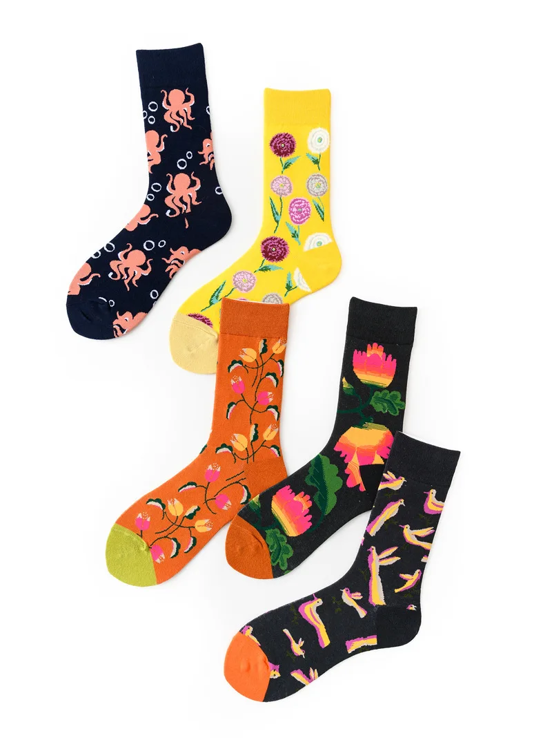 5 пар осень зима мужские носки хлопок Европа и Америка Мода счастливые носки с большим цветком животных для влюбленных 156