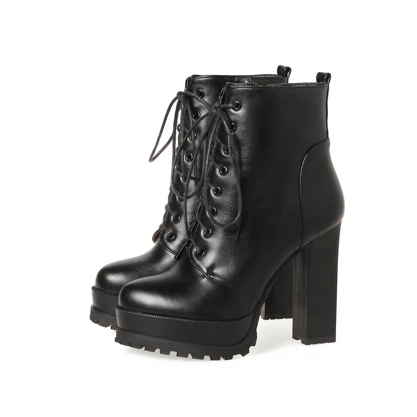 Skup QUTAA 2020 kobiet botki plac wysoka koronka na pięcie Up Pointed Toe kobiety platforma czarne damskie buty motocyklowe rozmiar 34 43