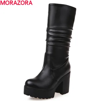 

large size 33-43 2017 new winter warm mid calf boots thick high heels round toe platform solid black white women boots
