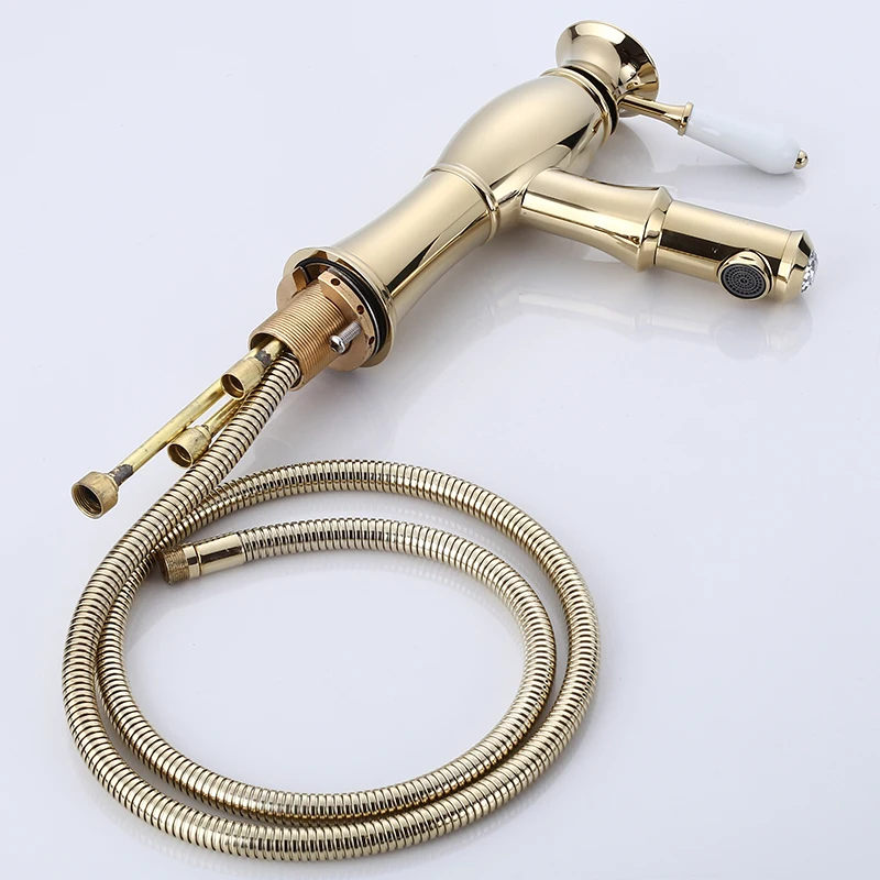 Bathroom Basin Faucets Gold Brass Pull Out Sink Faucet Shower Antique Creamic Single Hole Handle Hot and Cold Water Mixer Taps Bathroom Basin Faucets Gold Brass Pull Out Sink Faucet Shower Antique Creamic Single Hole Handle Hot and Cold Water Mixer Taps