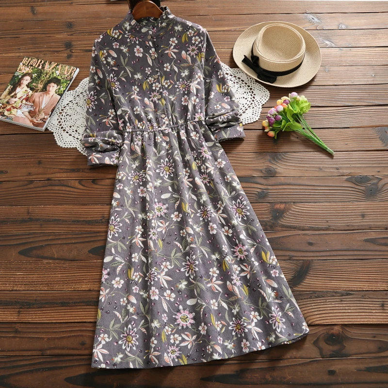 

Autumn Spring Women Floral Midi Dress Ruffled Collar Vintage Gray Khaki Femme Vestidos Long Sleeve Corduroy Ladies Dress Elegant
