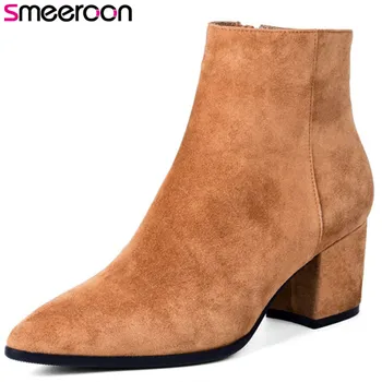 

Smeeroon kid suede leather boots high heels ankle boots autumn winter boots for women pointed toe zip wedding shoes