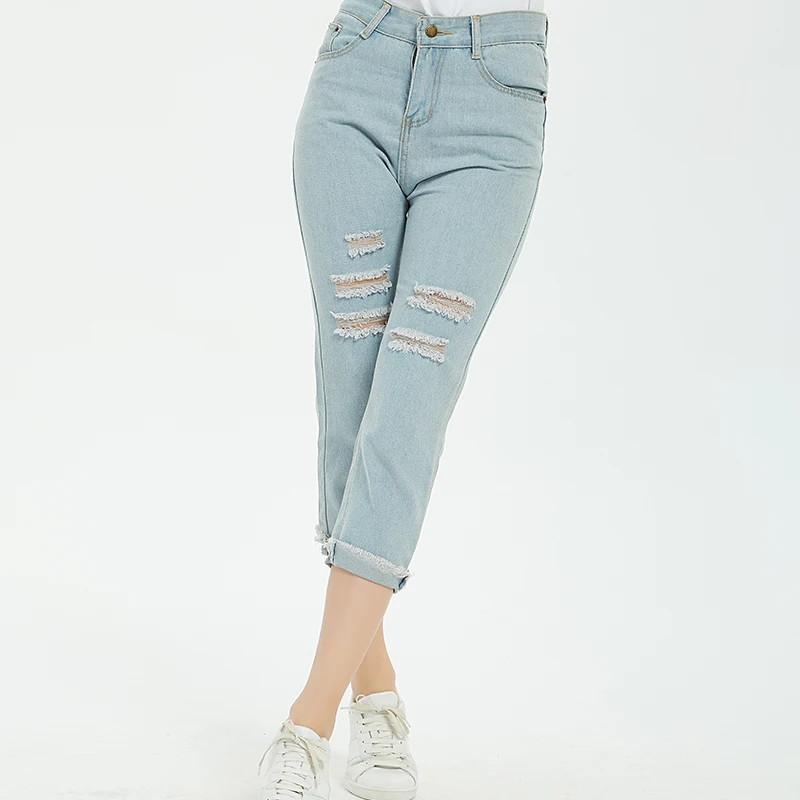 Женские прямые джинсы с завышенной талией, светло-голубые рваные джинсовые брюки до щиколотки в уличном стиле