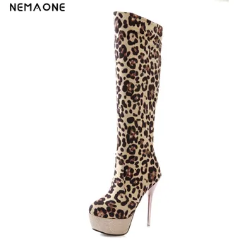 

NEMAONE Ladies thin High Heel knee high Boots Autumn Boot Fashion leopard Footwear Warm Botas Heeled Shoes Size 32-43