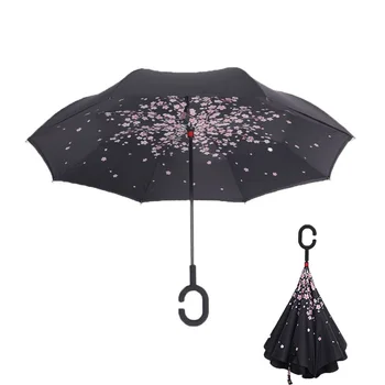 

Cherry Blossom Tree Double Layer UV Proof Windproof Inverted Rolling Over Umbrella With C-Shaped Handle for Car Outdoor