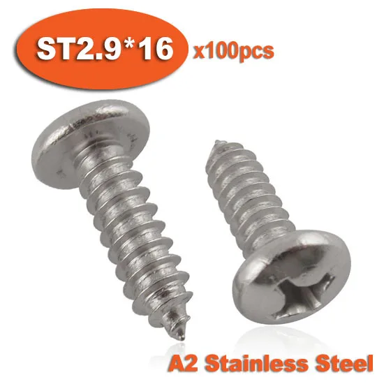 

100pcs DIN7981 ST2.9 x 16 A2 Stainless Steel Self Tapping Screw Phillips Cross Recessed Pan Head Self-tapping Screws