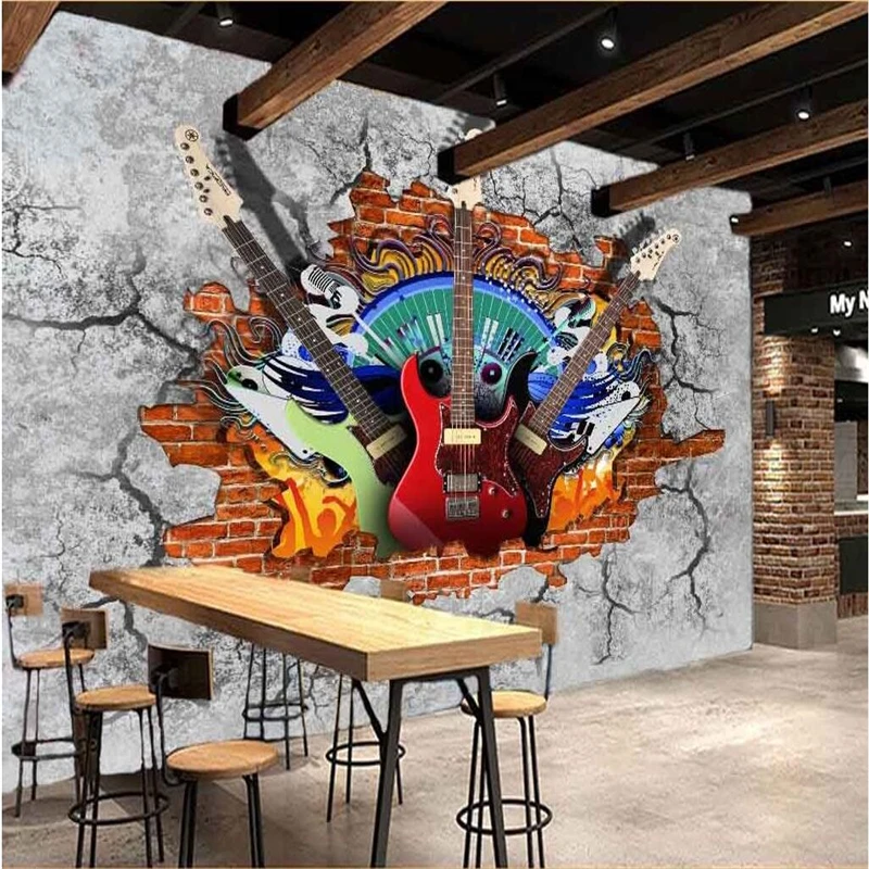 

beibehang Custom wallpaper murals any size photo 3D guitar rock brick wall KTV background music fashion trend bar wallpaper