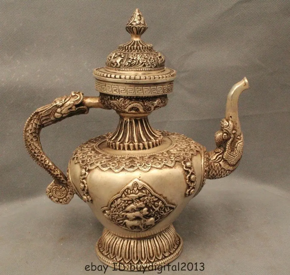 

DS 12"Chinese Dynasty Silver Painting Dragon Handle Beast Wine Tea Pot Flagon Statu