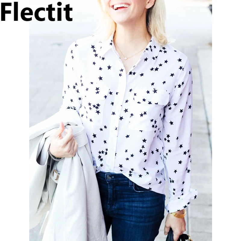 

Flectit Sleek Slik Star Shirt Women Long Sleeve Front Pocket Slim-Fit Signature Star Print Blouse Tops in White Black *