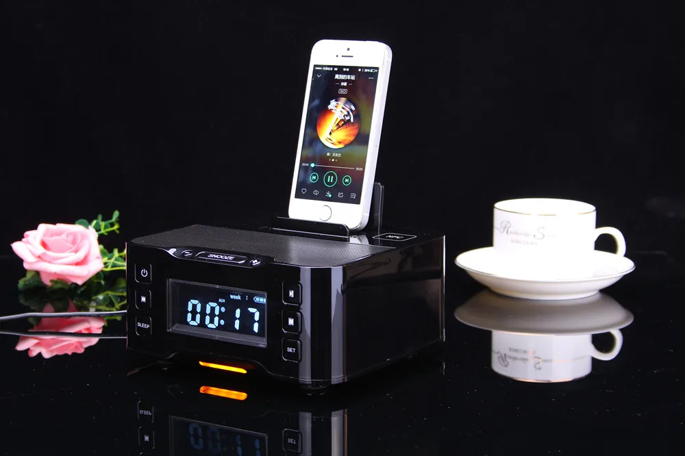 A9 Portable Wireless Bluetooth Speaker NFC FM Radio Alarm Clock 8 Pin&Micro Charger Dock Station fo