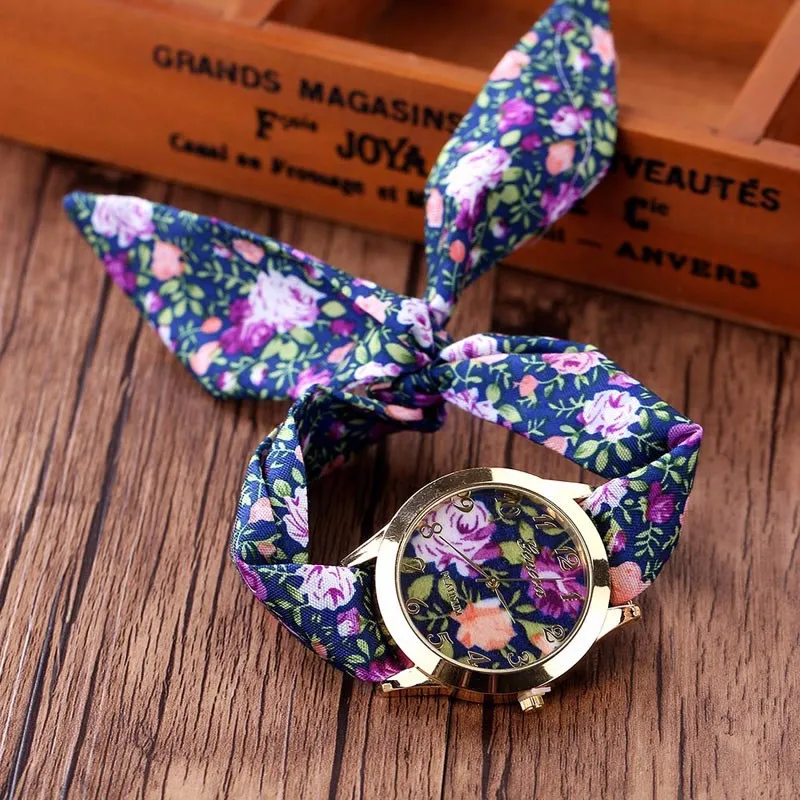 Женские часы цветок ткань Цветочный браслет платье браслет кварцевые наручные часы