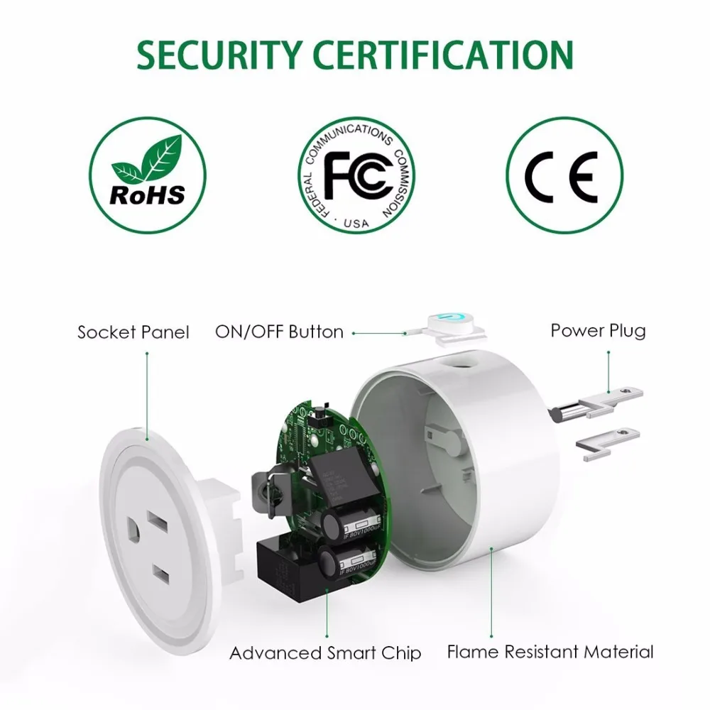 US Standard 10A Round WiFi Mini Plug APP Remote Control Timing Smart Socket Works with Alexa & Google Home AC 100-240V